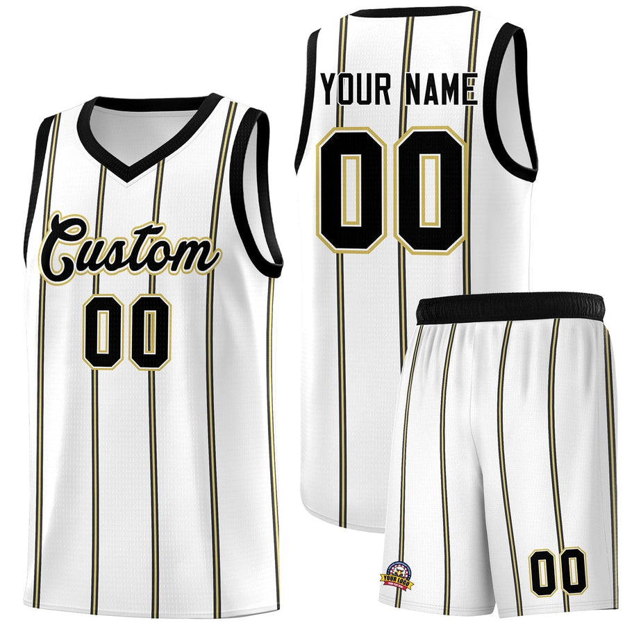 Custom White Black Old Gold Vertical Stripes Single Sided Sets Basketball Jersey | BuyFootballJersey