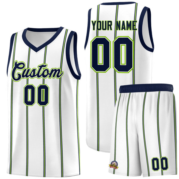 Custom White Navy Neon Green Vertical Stripes Single Sided Sets Basketball Jersey | BuyFootballJersey