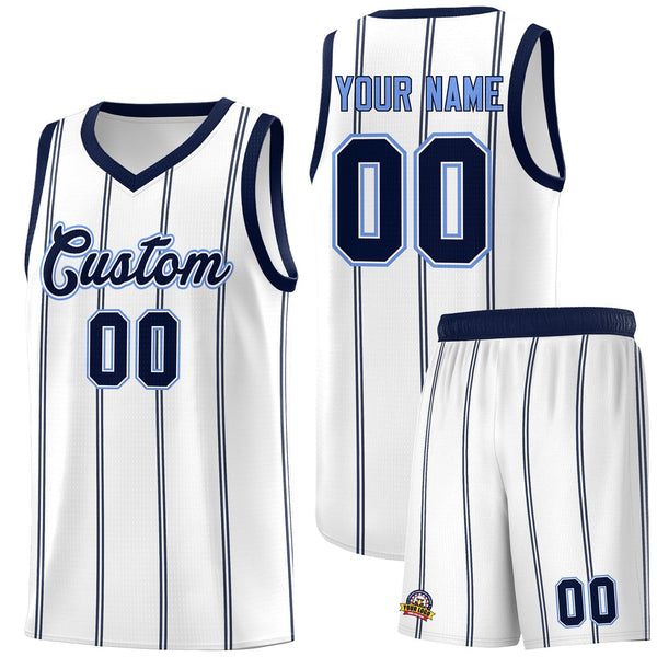 Custom White Navy Light Blue Vertical Stripes Single Sided Sets Basketball Jersey | BuyFootballJersey