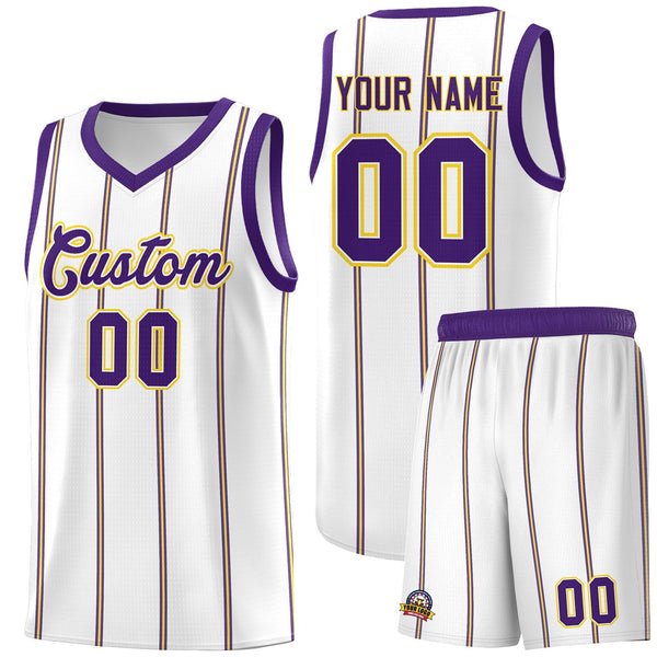 Custom White Purple Gold Vertical Stripes Single Sided Sets Basketball Jersey | BuyFootballJersey