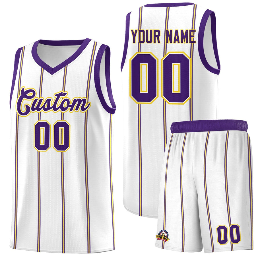 Custom White Purple Gold Vertical Stripes Single Sided Sets Basketball Jersey | BuyFootballJersey
