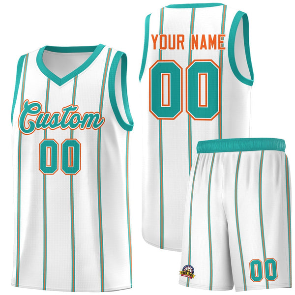 Custom White Aqua Orange Vertical Stripes Single Sided Sets Basketball Jersey | BuyFootballJersey