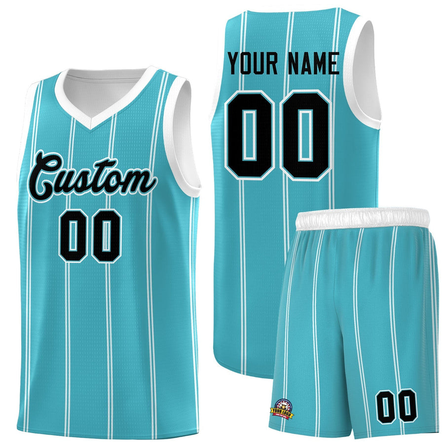Custom Sky Blue White Black Vertical Stripes Single Sided Sets Basketball Jersey | BuyFootballJersey