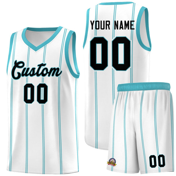 Custom White Sky Blue Black Vertical Stripes Single Sided Sets Basketball Jersey | BuyFootballJersey