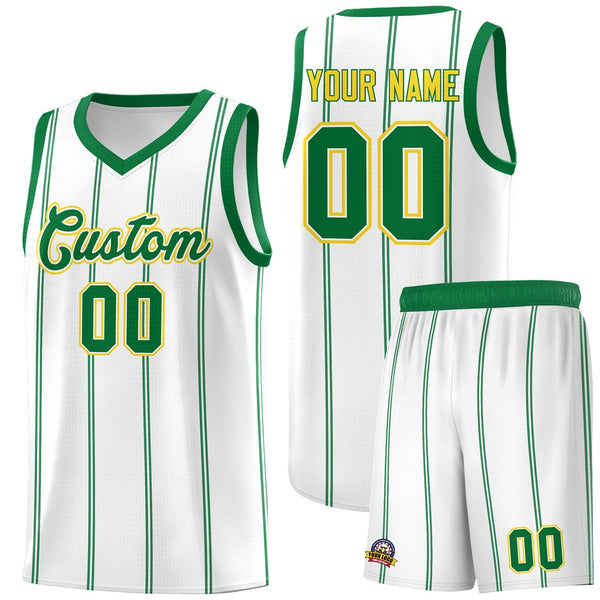 Custom White Kelly Green Gold Vertical Stripes Single Sided Sets Basketball Jersey | BuyFootballJersey