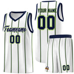 Custom White Navy Neon Green Vertical Stripes Single Sided Sets Basketball Jersey | BuyFootballJersey
