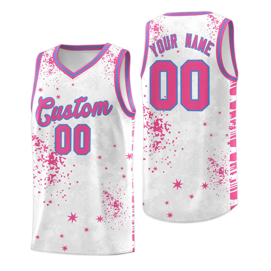 Custom Pink Powder Blue Vice Burst Graffiti Pattern Sublimation Printing Basketball Jersey | BuyFootballJersey