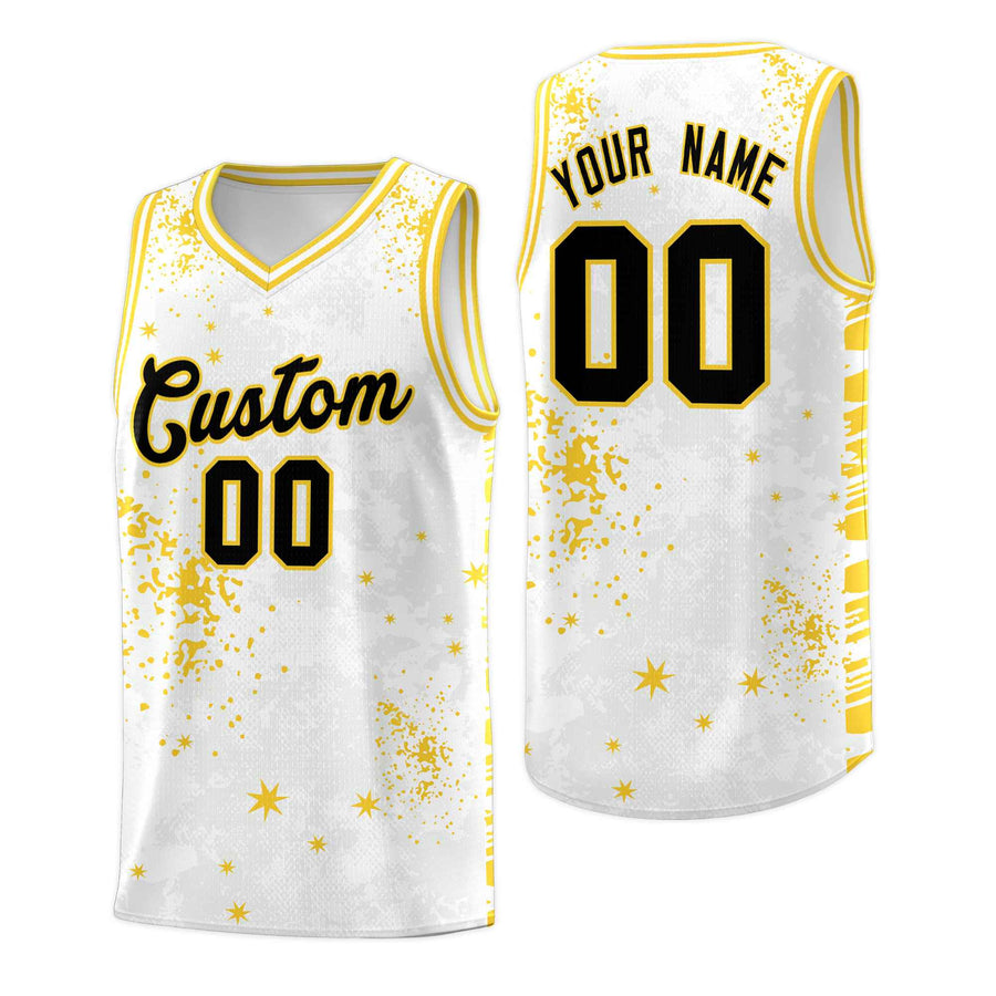 Custom White Gold Vice Burst Graffiti Pattern Moisture-Wicking Basketball Jersey | BuyFootballJersey