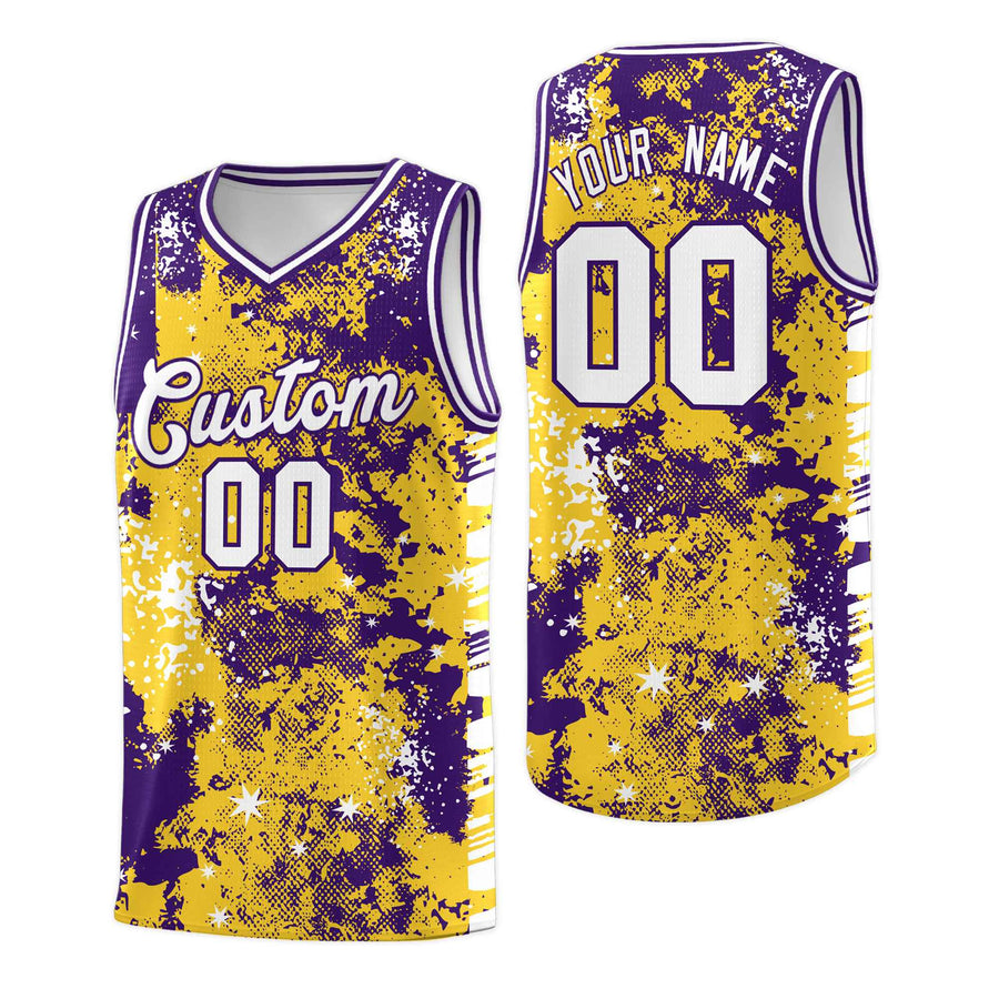 Custom Gold Purple Vice Burst Graffiti Pattern Drapable Basketball Jersey | BuyFootballJersey