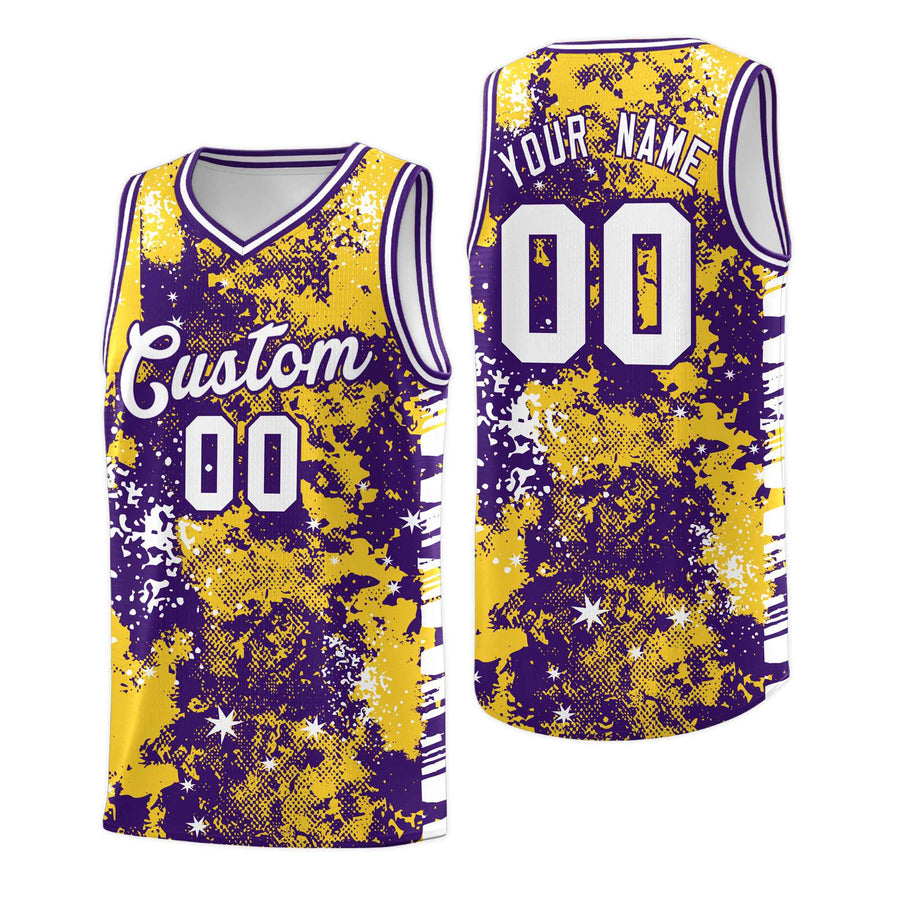 Custom Gold Purple Vice Burst Graffiti Pattern Sublimation Printing Basketball Jersey | BuyFootballJersey