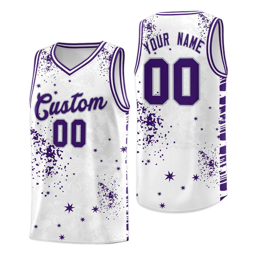 Custom White Purple Vice Burst Graffiti Pattern Moisture-Wicking Basketball Jersey | BuyFootballJersey