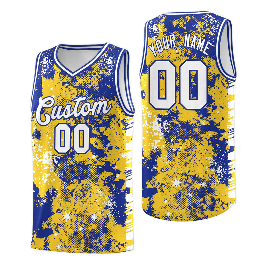 Custom Gold Royal Blue Vice Burst Graffiti Pattern Sublimation Printing Basketball Jersey | BuyFootballJersey