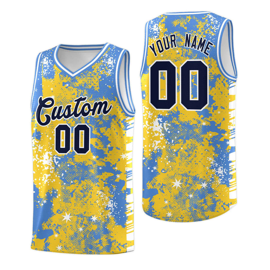 Custom Gold Powder Blue Vice Burst Graffiti Pattern Stretch Fabric Basketball Jersey | BuyFootballJersey