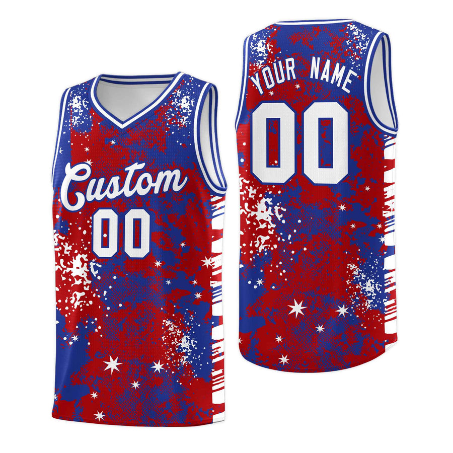 Custom Red Royal Blue Vice Burst Graffiti Pattern Wrinkle-Resistant Basketball Jersey | BuyFootballJersey