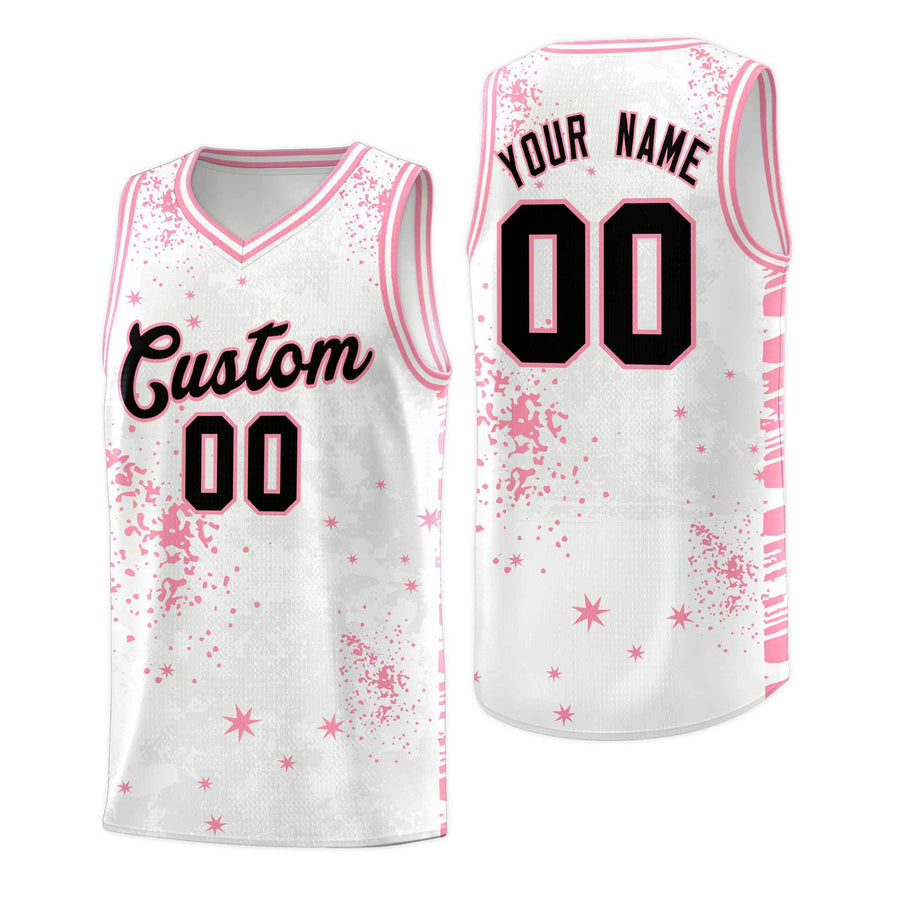 Custom White Light Pink Vice Burst Graffiti Pattern Drapable Basketball Jersey | BuyFootballJersey