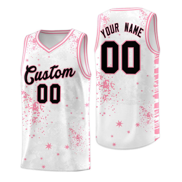 Custom White Light Pink Vice Burst Graffiti Pattern Drapable Basketball Jersey | BuyFootballJersey