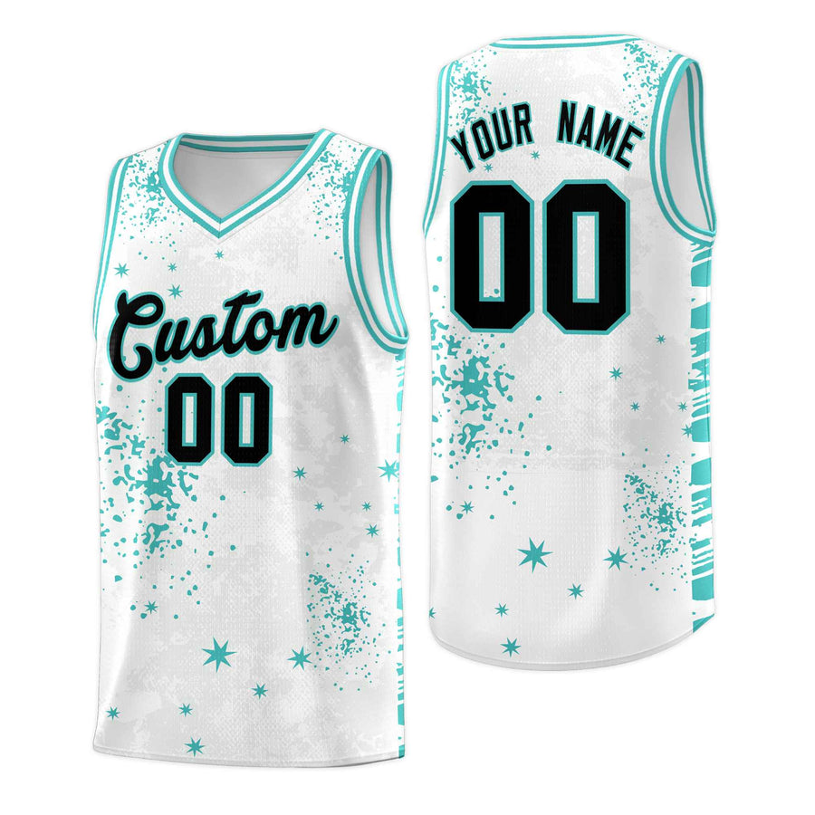 Custom White Light Teal Vice Burst Graffiti Pattern Sublimation Printing Basketball Jersey | BuyFootballJersey