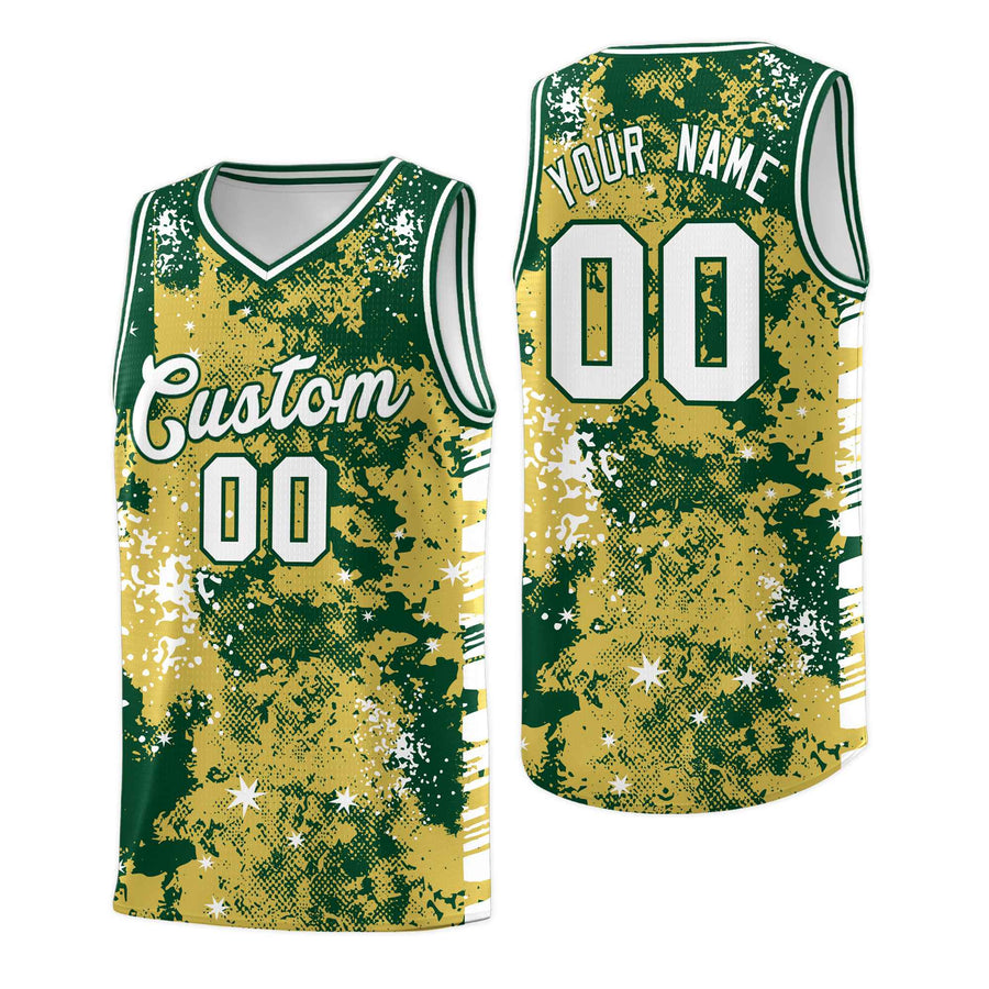Custom Old Gold Kelly Green Vice Burst Graffiti Pattern Moisture-Wicking Basketball Jersey | BuyFootballJersey