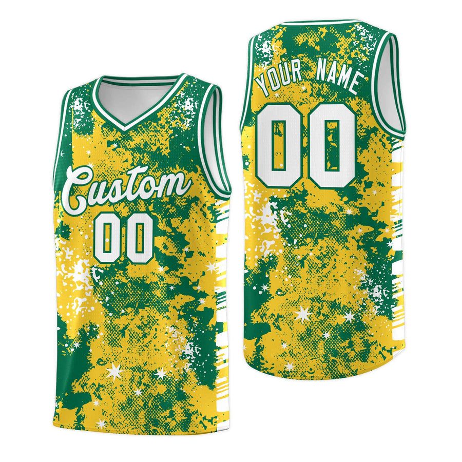 Custom Gold Kelly Green Vice Burst Graffiti Pattern Wrinkle-Resistant Basketball Jersey | BuyFootballJersey