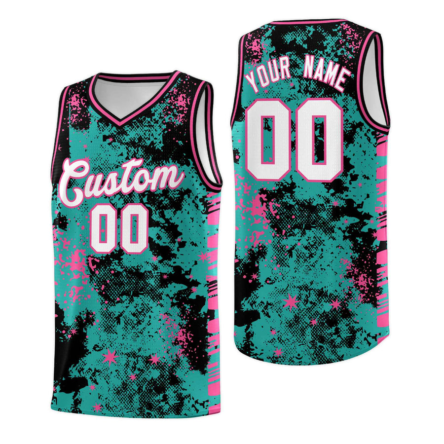 Custom Aqua Black Vice Burst Graffiti Pattern Drapable Basketball Jersey | BuyFootballJersey