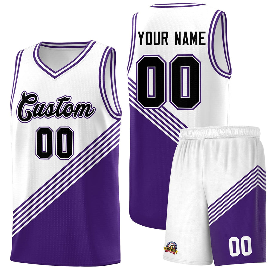 Custom White Purple Diagonal Stripes Color Block Sets Basketball Jersey | BuyFootballJersey