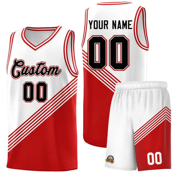 Custom White Red Diagonal Stripes Color Block Sets Basketball Jersey | BuyFootballJersey