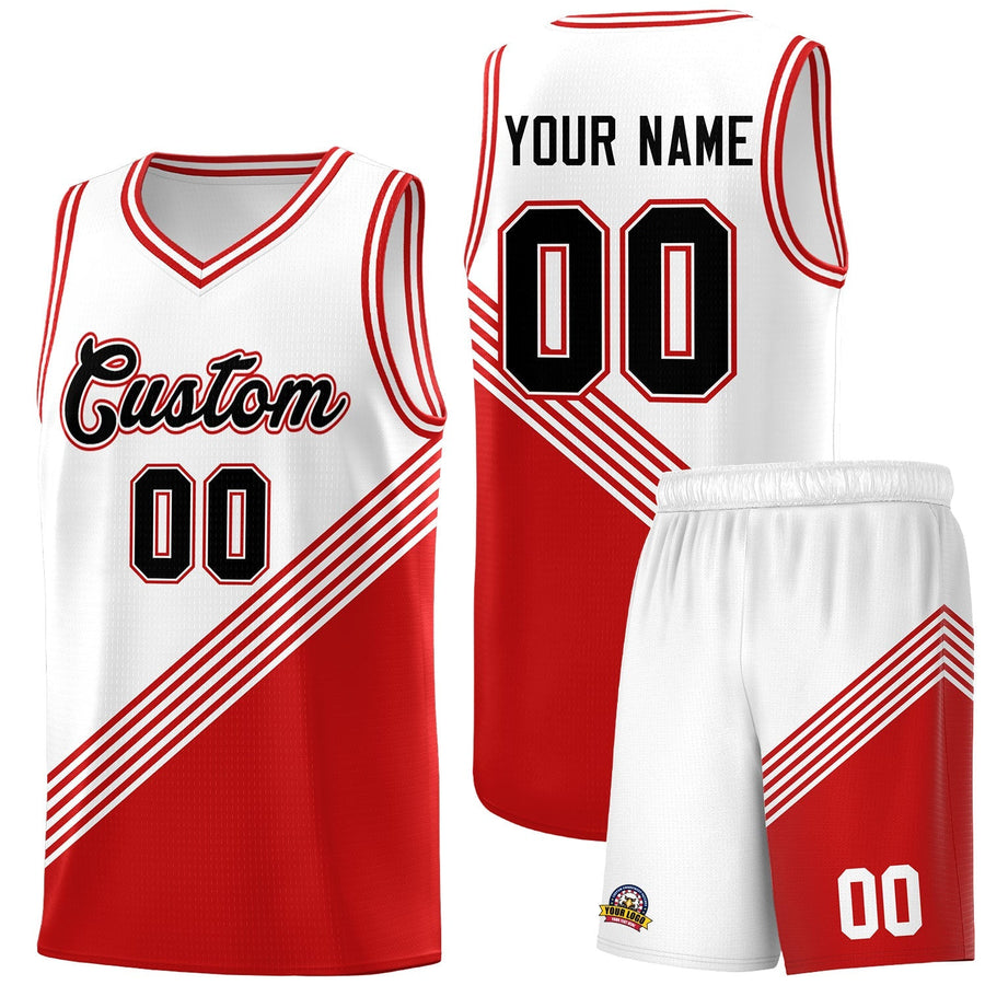 Custom White Red Diagonal Stripes Color Block Sets Basketball Jersey | BuyFootballJersey