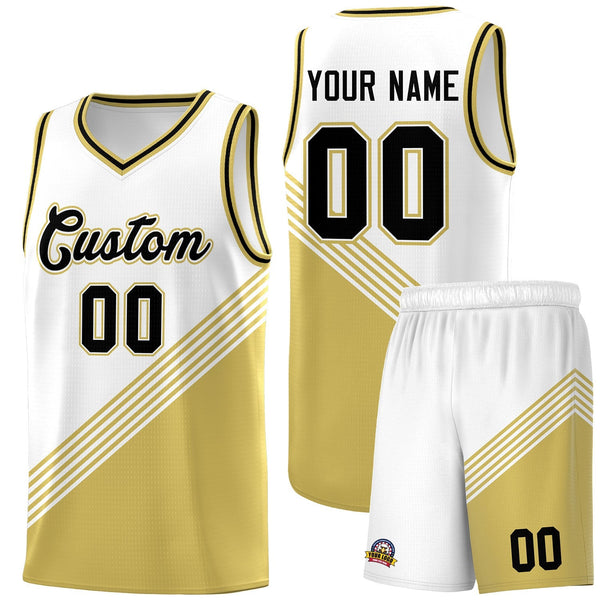 Custom White Old Gold Black Diagonal Stripes Color Block Sets Basketball Jersey | BuyFootballJersey