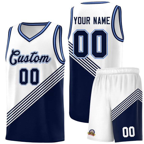 Custom White Navy Light Blue Diagonal Stripes Color Block Sets Basketball Jersey | BuyFootballJersey