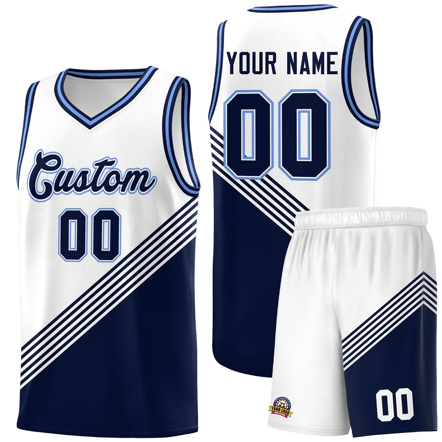 Custom White Navy Light Blue Diagonal Stripes Color Block Sets Basketball Jersey | BuyFootballJersey