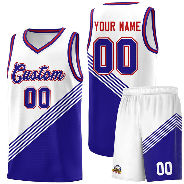 Custom White Royal Blue Red Diagonal Stripes Color Block Sets Basketball Jersey | BuyFootballJersey