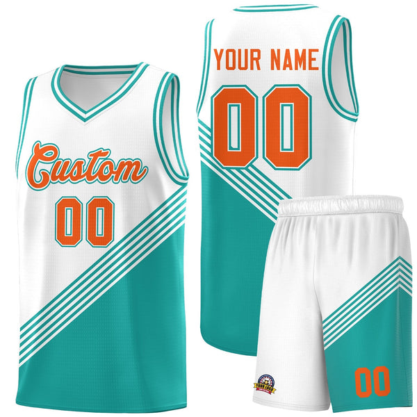 Custom White Aqua Diagonal Stripes Color Block Sets Basketball Jersey | BuyFootballJersey