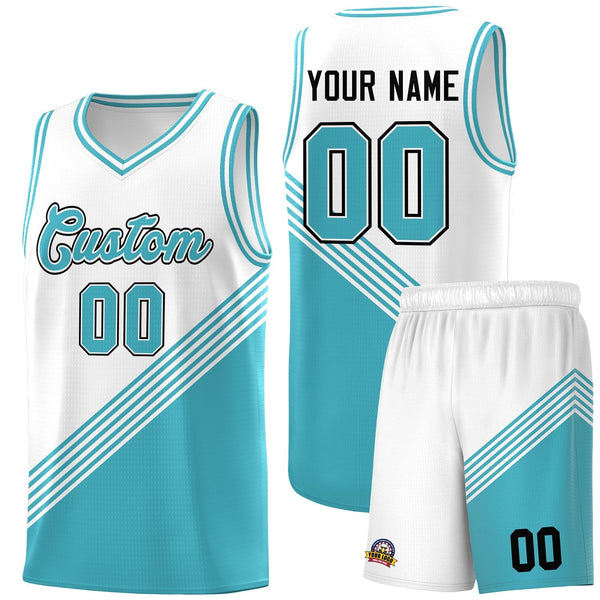 Custom White Sky Blue Diagonal Stripes Color Block Sets Basketball Jersey | BuyFootballJersey
