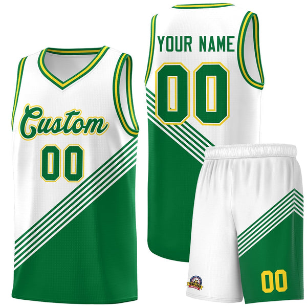 Custom White Kelly Green Gold Diagonal Stripes Color Block Sets Basketball Jersey | BuyFootballJersey