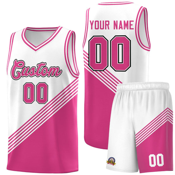 Custom White Pink Diagonal Stripes Color Block Sets Basketball Jersey | BuyFootballJersey