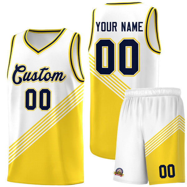 Custom White Gold Navy Diagonal Stripes Color Block Sets Basketball Jersey | BuyFootballJersey
