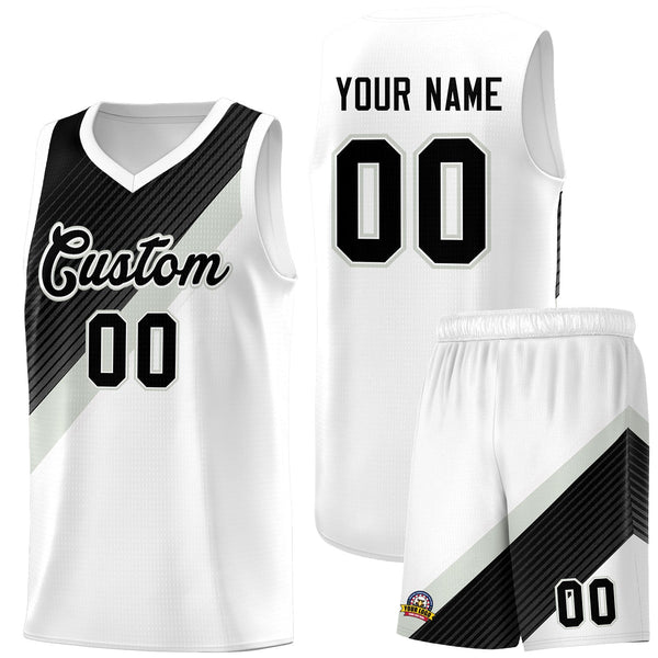 Custom White Black Gray Diagonal Stripes Color Block Sets Basketball Jersey | BuyFootballJersey
