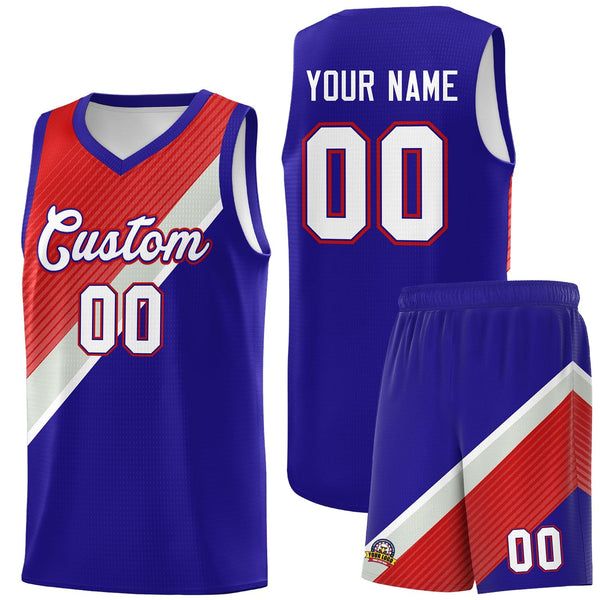 Custom Royal Red Gray Diagonal Stripes Color Block Sets Basketball Jersey | BuyFootballJersey
