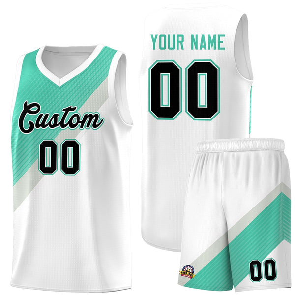 Custom White Bright Green Gray Diagonal Stripes Color Block Sets Basketball Jersey | BuyFootballJersey