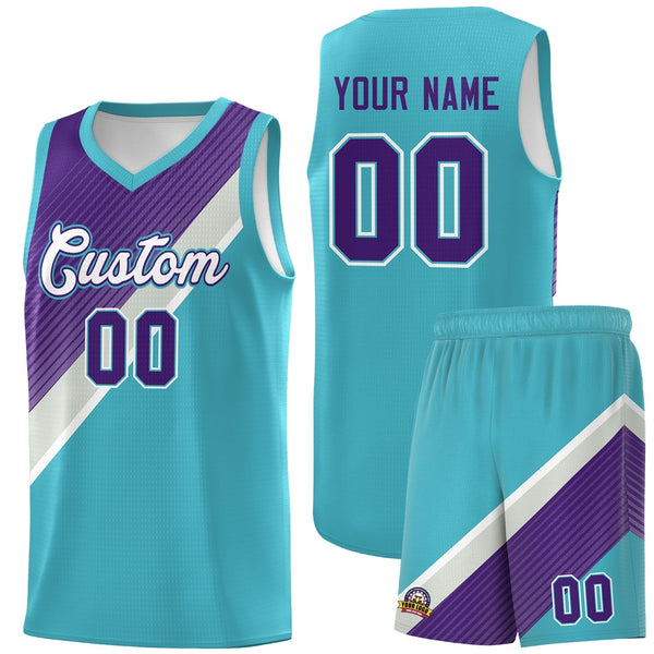 Custom Sky Blue Purple Gray Diagonal Stripes Color Block Sets Basketball Jersey | BuyFootballJersey