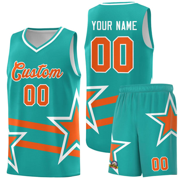 Custom Aqua Basketball Kits With Orange Star Pattern And Double Lines | BuyFootballJersey