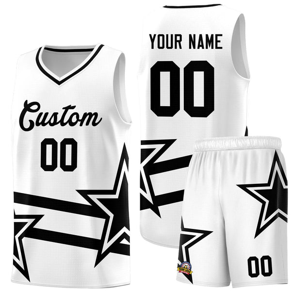 Custom White Basketball Kits With Black Star Pattern And Double Lines | BuyFootballJersey