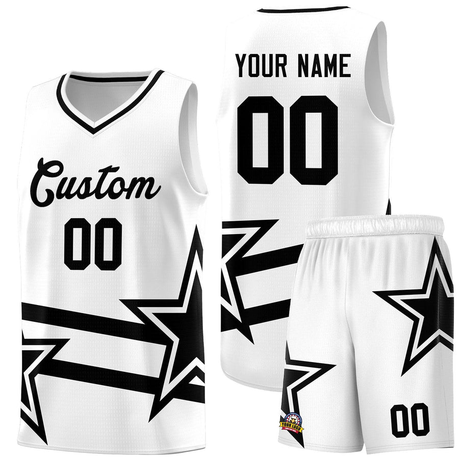 Custom White Basketball Kits With Black Star Pattern And Double Lines | BuyFootballJersey
