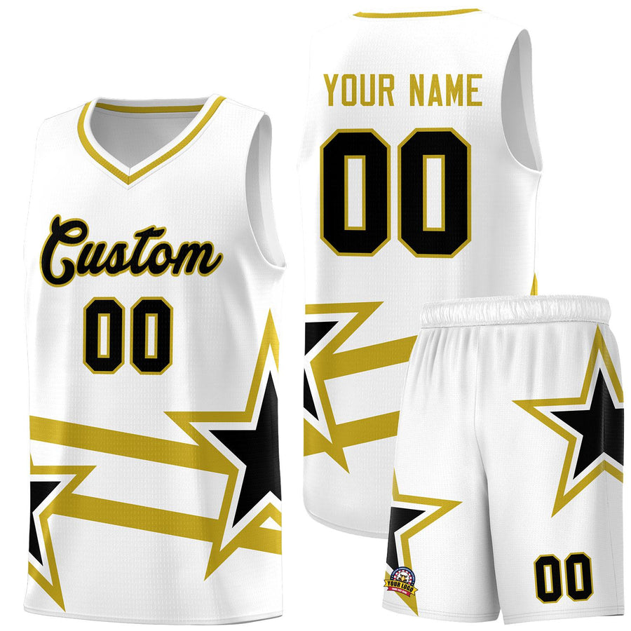 Custom White Basketball Kits With Old Gold Star Pattern And Double Lines | BuyFootballJersey