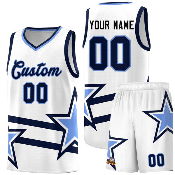 Custom White Basketball Kits With Light Blue Star Pattern And Double Lines | BuyFootballJersey