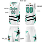 Custom White Basketball Kits With Bright Green Star Pattern And Double Lines | BuyFootballJersey