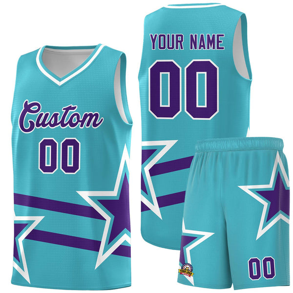 Custom Sky Blue Basketball Kits With Purple Star Pattern And Double Lines | BuyFootballJersey