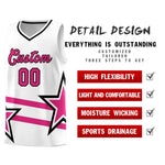 Custom White Basketball Kits With Rose Red Star Pattern And Double Lines | BuyFootballJersey