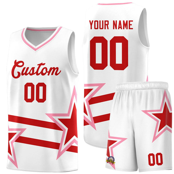 Custom White Basketball Kits With Red Star Pattern And Double Lines | BuyFootballJersey