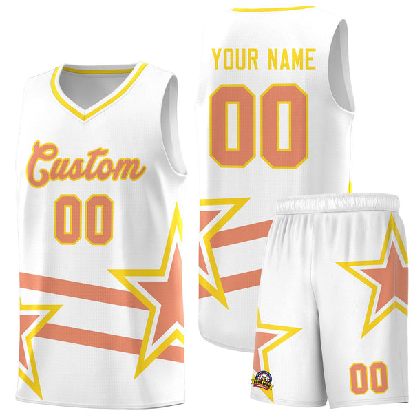 Custom White Basketball Kits With Light Orange Star Pattern And Double Lines | BuyFootballJersey